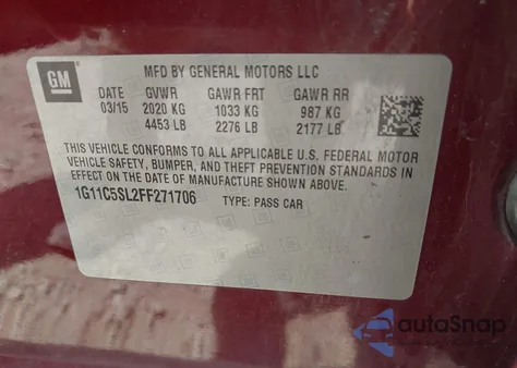 2015 Chevrolet Malibu 1Lt from USA, damaged, VIN 1G11C5SL2FF271706